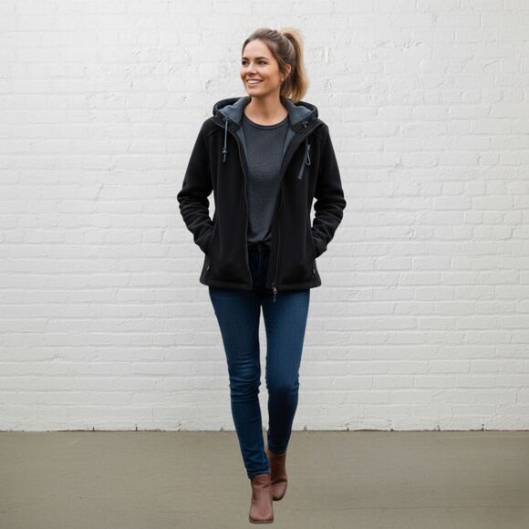 Athleta Black Fleece Jacket Hooded Full Zip Pockets Active Cozy M 🖤 - Picture 1 of 16